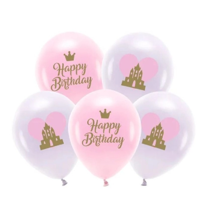5 BALLONS BIO LATEX HAPPY BIRTHDAY ROSE ET VIOLET 26 CM 