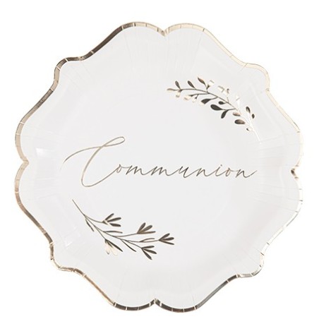 8 ASSIETTES COMMUNION CARTON BLANC ET OR 23 CM 