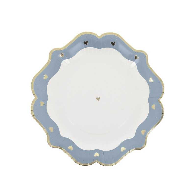 8 ASSIETTES PETITS COEURS BLEU ORAGE, BLANC ET OR 23 CM
