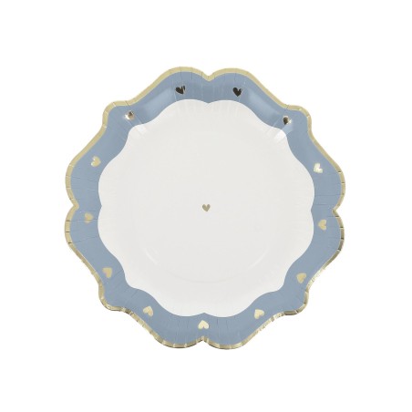 8 ASSIETTES PETITS COEURS BLEU ORAGE, BLANC ET OR 23 CM 