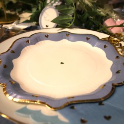 8 ASSIETTES PETITS COEURS BLEU ORAGE, BLANC ET OR 23 CM 