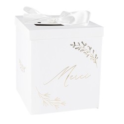 URNE MERCI COMMUNION CARTON BLANC ET OR RUBAN SATIN  21 X 21 X 25 CM