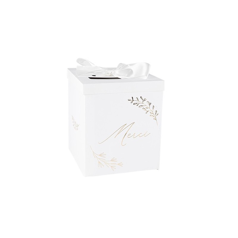 URNE MERCI COMMUNION CARTON BLANC ET OR RUBAN SATIN  21 X 21 X 25 CM   URNE MERCI COMMUNION CARTON BLANC ET OR RUBAN SATIN  21 X 21 X 25 CM