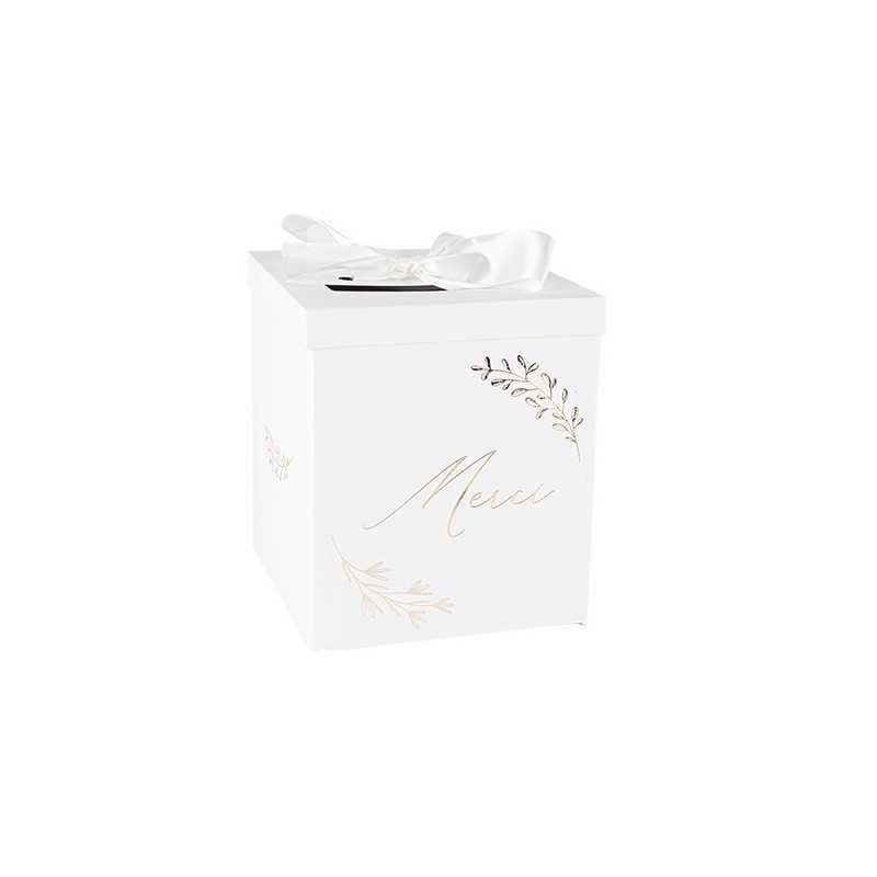 URNE MERCI COMMUNION CARTON BLANC ET OR RUBAN SATIN 21 X 21 X 25 CM 