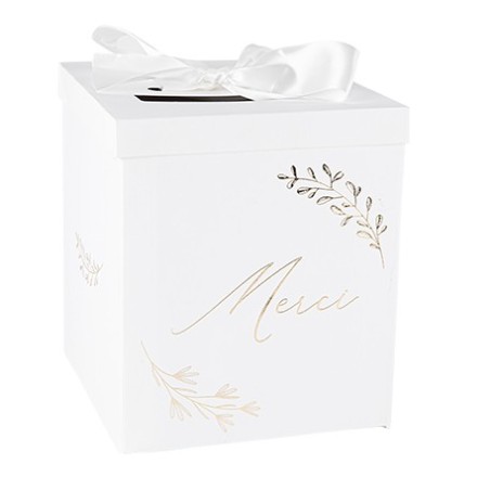 URNE MERCI COMMUNION CARTON BLANC ET OR RUBAN SATIN  21 X 21 X 25 CM  
