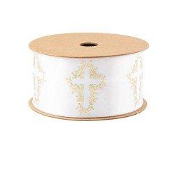 RUBAN CROIX VEGETALISEE SATIN BLANC ET OR 3.8 CM X 10M