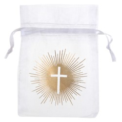 SACHET ORGANZA BLANC DECOR CROIX OR CEREMONIE PAR 6