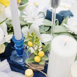 COMPOSITION DE CITRONS ET FEUILLAGE JAUNE ET VERT POT JUTE 5 X 13 CM 