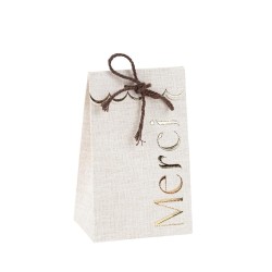 10 SACHETS MERCI EFFET LIN BEIGE ET OR 7.5 X 12.5 X 4.5 CM ET FICELLE COTON 
