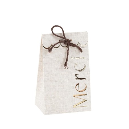 10 SACHETS MERCI EFFET LIN BEIGE ET OR 7.5 X 12.5 X 4.5 CM ET FICELLE COTON 