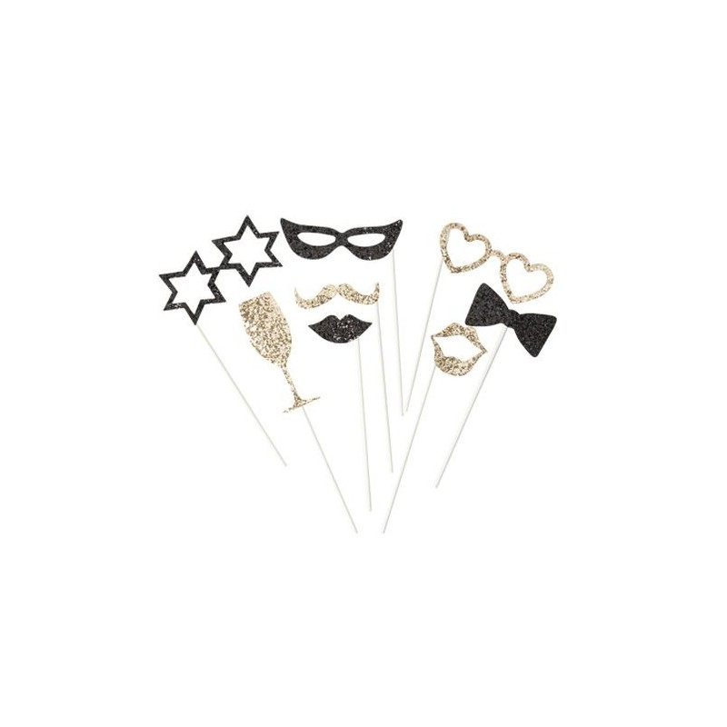 KIT PHOTOBOOTH PAILLETTES OR ET NOIRES 8 PIECES  KIT PHOTOBOOTH PAILLETTES OR ET NOIRES 8 PIECES