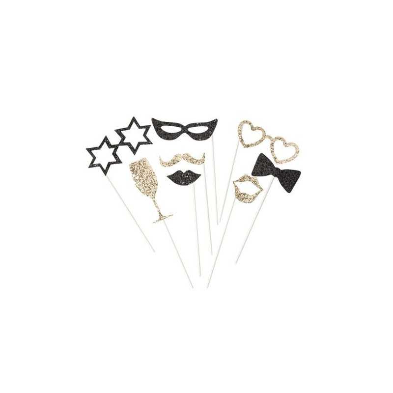 KIT PHOTOBOOTH PAILLETTES OR ET NOIRES 8 PIECES 
