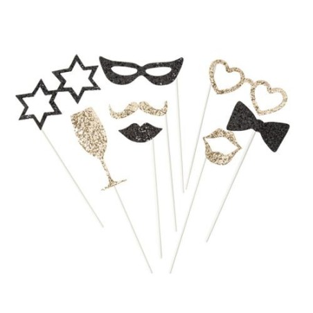 KIT PHOTOBOOTH PAILLETTES OR ET NOIRES 8 PIECES 