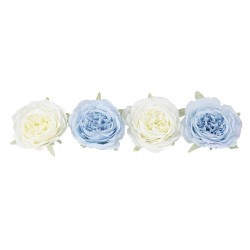 4 ROSES TISSU BLANC ET BLEU 12.5 CM
