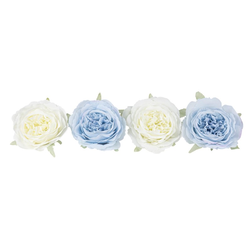 4 ROSES TISSU BLANC ET BLEU 12.5 CM  4 ROSES TISSU BLANC ET BLEU 12.5 CM