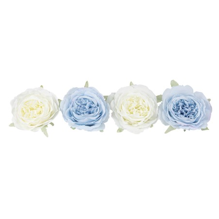 4 ROSES TISSU BLANC ET BLEU 12.5 CM 