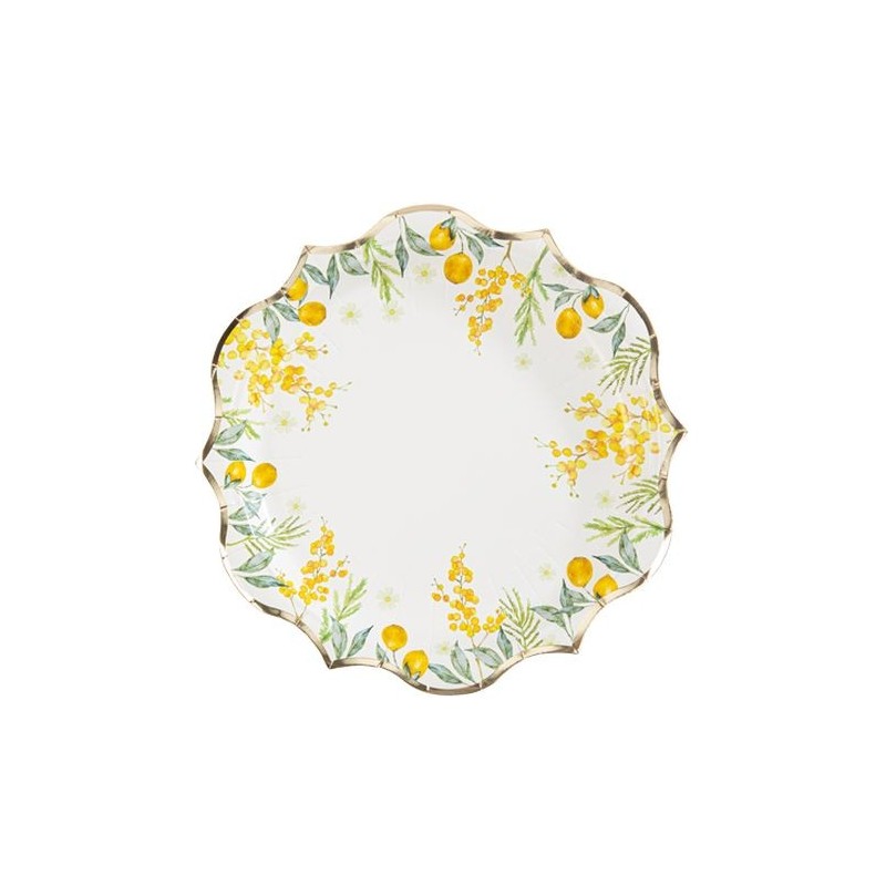 8 ASSIETTES MIMOSA CITRONS, FEUILLAGES ET OR 23 CM  8 ASSIETTES MIMOSA CITRONS, FEUILLAGES ET OR 23 CM