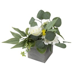DECORATION COMPOSITION ROSE, FLEURS ET FEUILLAGE JAUNE ET BLANC AVEC POT