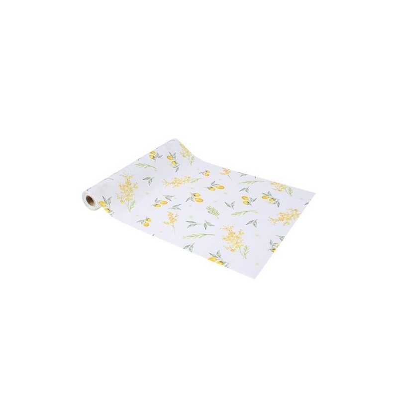 CHEMIN DE TABLE MIMOSA CITRONS E FEUILLAGES 28 CM X 5 M  CHEMIN DE TABLE MIMOSA CITRONS E FEUILLAGES 28 CM X 5 M