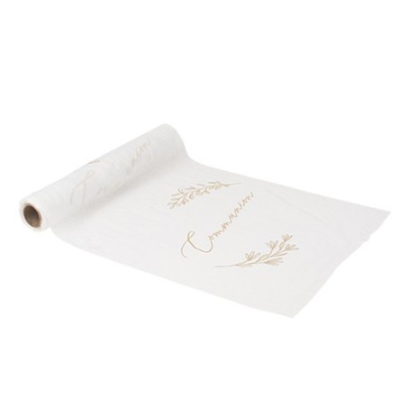 CHEMIN DE TABLE COMMUNION MOUSSELINE BLANCHE ET OR 28 CM X 5 M
