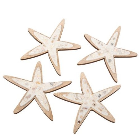 4 DECORATION ETOILES DE MER BOIS COQUILLAGES ET SABLE IRISES 14.5 CM 