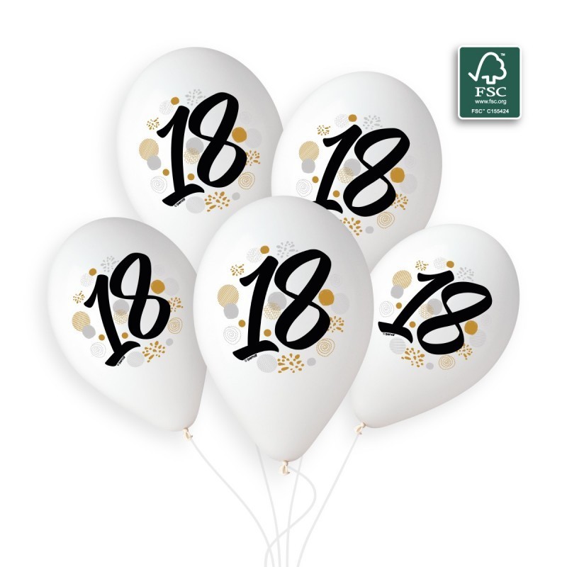 5 BALLONS BIO LATEX  COULEUR BLANC IMPRESSION 18 NOIR OR ARGENT  33 CM  5 BALLONS BIO LATEX  COULEUR BLANC IMPRESSION 18 NOIR OR ARGENT  33 CM