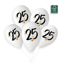 5 BALLONS BIO LATEX  COULEUR BLANC IMPRESSION 25 NOIR OR ARGENT  33 CM