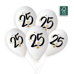 5 BALLONS BIO LATEX  COULEUR BLANC IMPRESSION 25 NOIR OR ARGENT  33 CM 