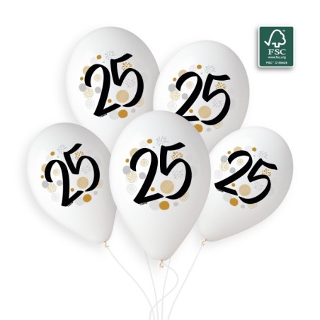 5 BALLONS BIO LATEX  COULEUR BLANC IMPRESSION 25 NOIR OR ARGENT  33 CM 