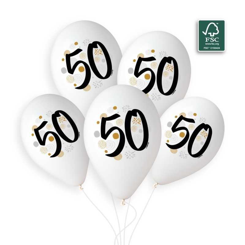 5 BALLONS BIO LATEX COULEUR BLANC IMPRESSION 50 NOIR OR ARGENT 33 CM 
