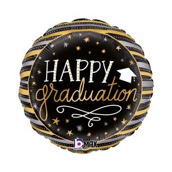 BALLON METALLIQUE ROND  HAPPY GRADUATION NOIR ET OR  46 CM 