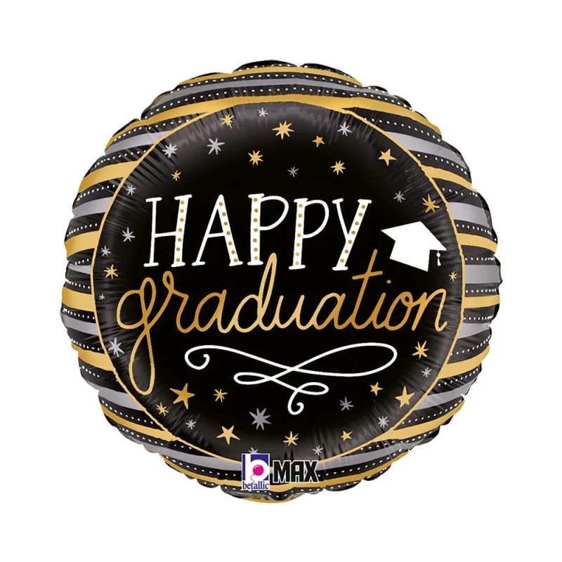 BALLON METALLIQUE ROND  HAPPY GRADUATION NOIR ET OR  46 CM  BALLON METALLIQUE ROND  HAPPY GRADUATION NOIR ET OR  46 CM