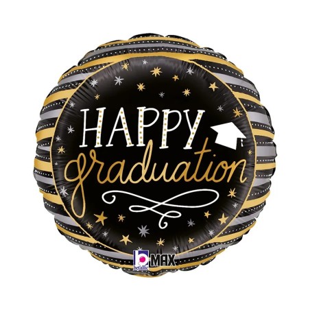 BALLON METALLIQUE ROND  HAPPY GRADUATION NOIR ET OR  46 CM 