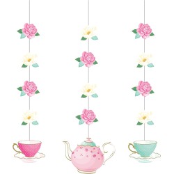 3 DECORATIONS FILS FLEURS ANGLAISES ET THEIERES TEA TIME