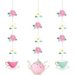 3 DECORATIONS FILS FLEURS ANGLAISES ET THEIERES TEA TIME