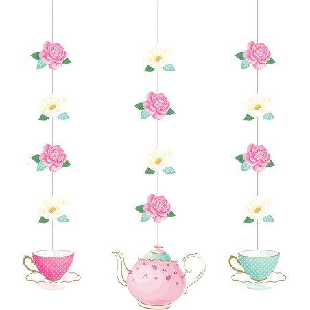 3 DECORATIONS FILS FLEURS ANGLAISES ET THEIERES TEA TIME