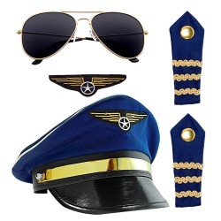 SET PILOTE D'AVION DE LIGNE BLEUE CASQUETTE EPAULETTES INSIGNE ET LUNETTES