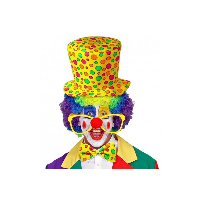 CHAPEAU HAUT DE FORME + NOEUD PAPILLON CLOWN  JAUNE FUO A POIS CHAPEAU HAUT DE FORME + NOEUD PAPILLON CLOWN  JAUNE FUO A POIS