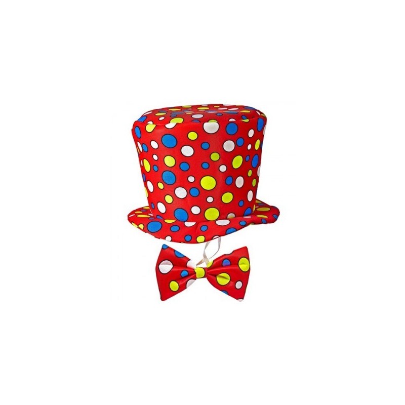 CHAPEAU HAUT DE FORME + NOEUD PAPILLON CLOWN  ROUGE A POIS