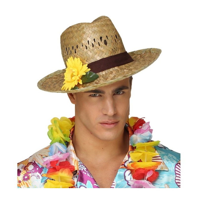 CHAPEAU DE FERMIER EN PAILLE NATURELLE AVEC FLEUR TOURNESOL JAUNE