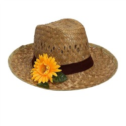 CHAPEAU DE FERMIER EN PAILLE NATURELLE AVEC FLEUR TOURNESOL JAUNE