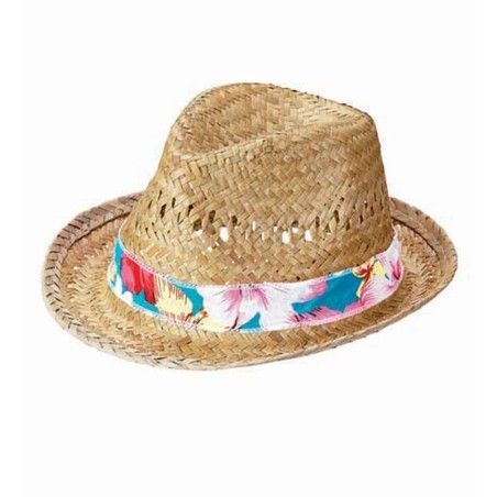 CHAPEAU  DE PAILLE NATURELLE RUBAN TISSU IMPRIME HAWAI BEACH BOYS