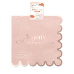 10 SERVIETTES JOYEUX ANNIVERSAIRE ROSE AVCE LISERE OR 33 X 33 CM