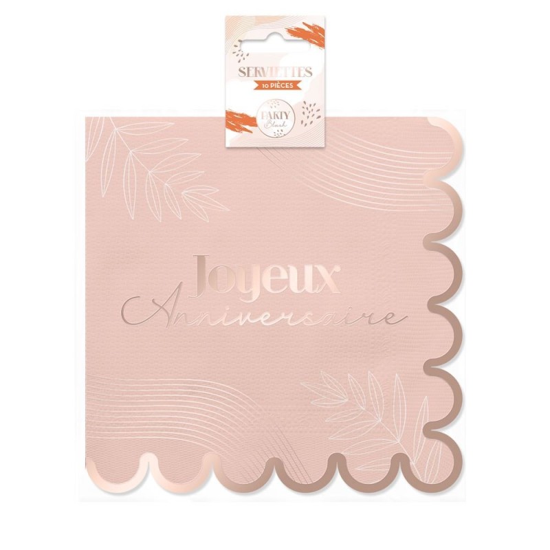 10 SERVIETTES JOYEUX ANNIVERSAIRE ROSE AVCE LISERE OR 33 X 33 CM  10 SERVIETTES JOYEUX ANNIVERSAIRE ROSE AVCE LISERE OR 33 X 33 CM