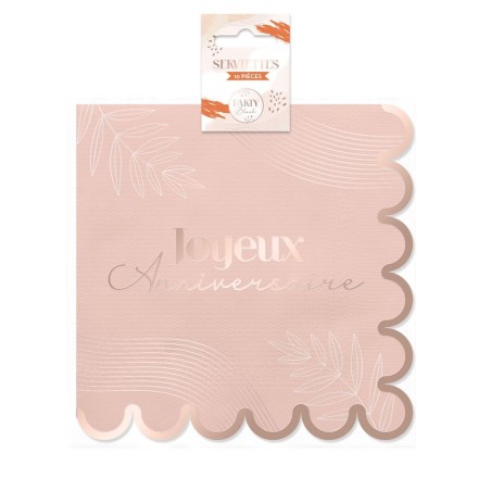 10 SERVIETTES JOYEUX ANNIVERSAIRE ROSE AVCE LISERE OR 33 X 33 CM 