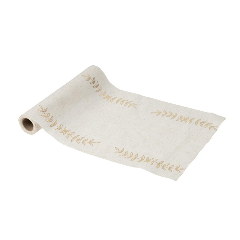 CHEMIN DE TABLE RAMEAUX OLIVIER EFFET LIN ET OR 28 CM X 5 M  CHEMIN DE TABLE RAMEAUX OLIVIER EFFET LIN ET OR 28 CM X 5 M