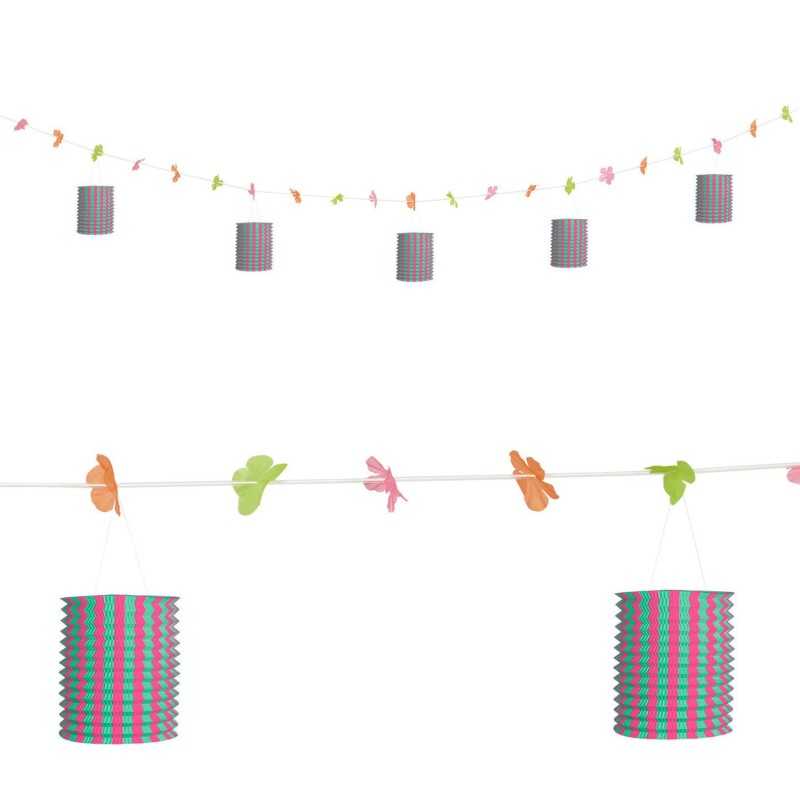 GUIRLANDE LANTERNE ROSE ET VERT AVEC DES FLEURS 