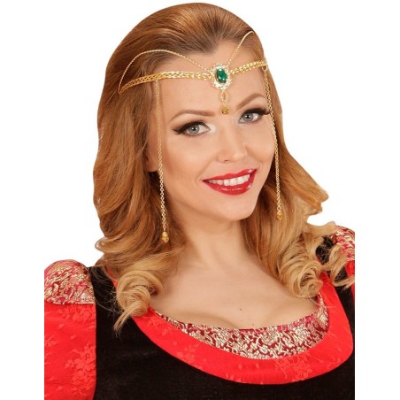 DIADEME METALLIQUE MEDIEVAL ELFIQUE OR PIERRE VERTE