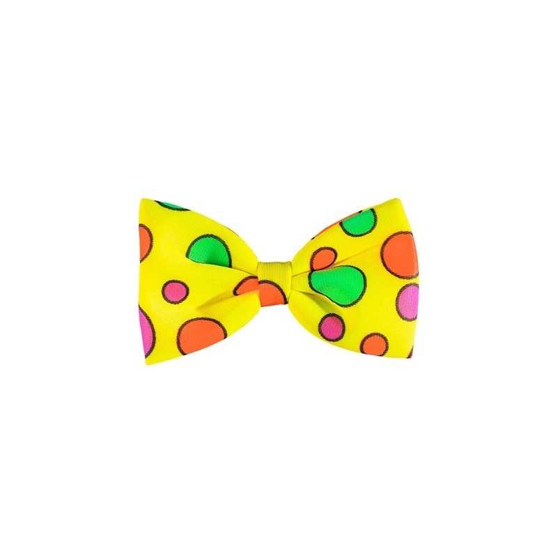 NOEUD PAPILLON CLOWN JAUNE FLUO A POIS ROSE VERT ORANGE