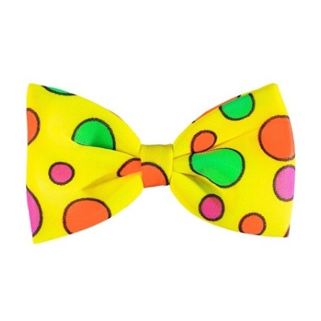 NOEUD PAPILLON CLOWN JAUNE FLUO A POIS ROSE VERT ORANGE
